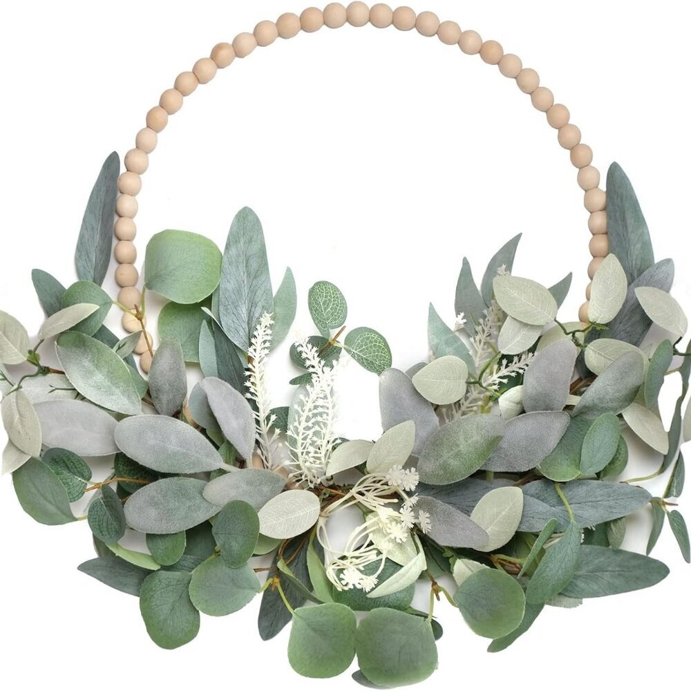 16” Artificial Wood Bead Eucalyptus Wreath - Indoor/Outdoor Seasonal Farmhouse D